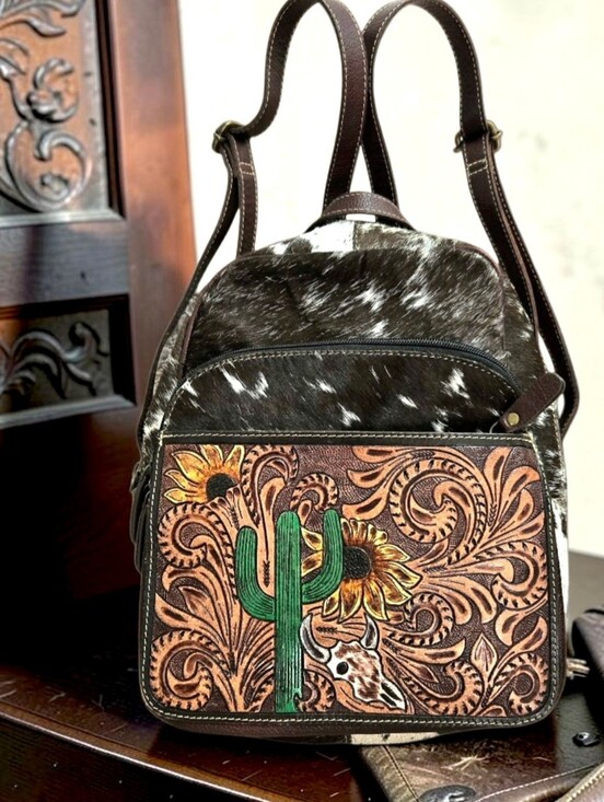 Myra Bag Leather Hair-on-Cowhide Backpack Tooled Hide Western Boho Cowgirl